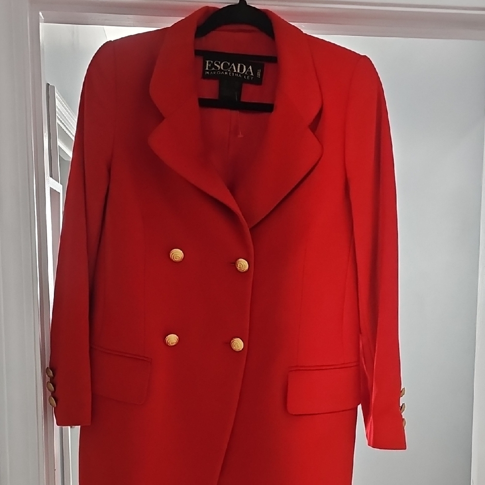 Escada Women's Vibrant Red Blazer with Gold Buttons
